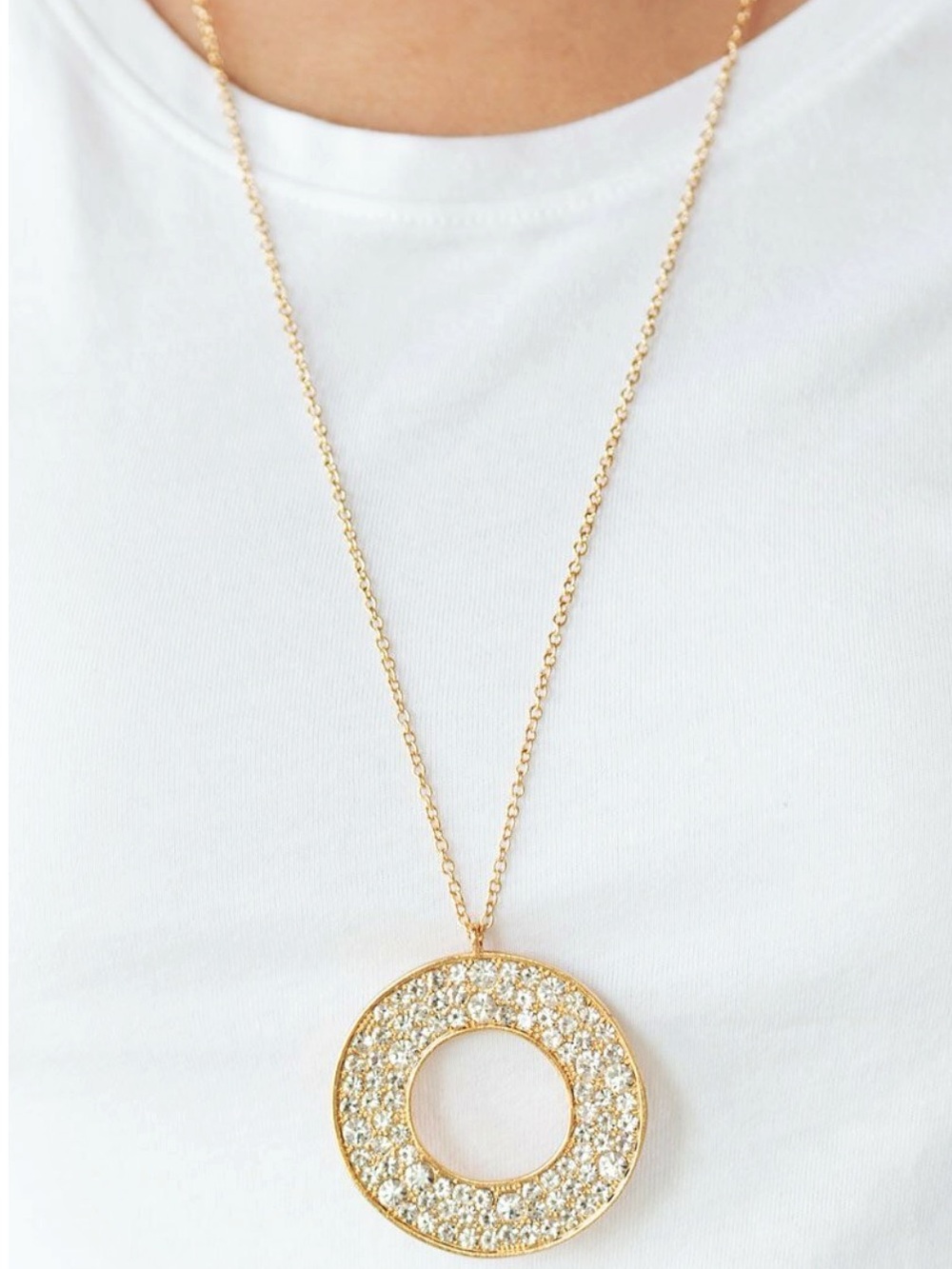 🆕Women’s Long Gold Rhinestone Adjustable Circle Pendant Necklace❤️❤️